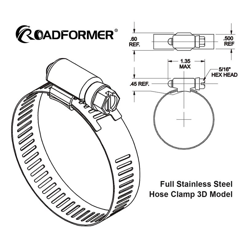ROADFORMER 5" Worm Gear Hose Clamp - SAE 80 Size, Full Stainless Steel with 1/2" Band Width, Working Range 116mm - 140mm Hose Clamps,10 Pack - Image 5